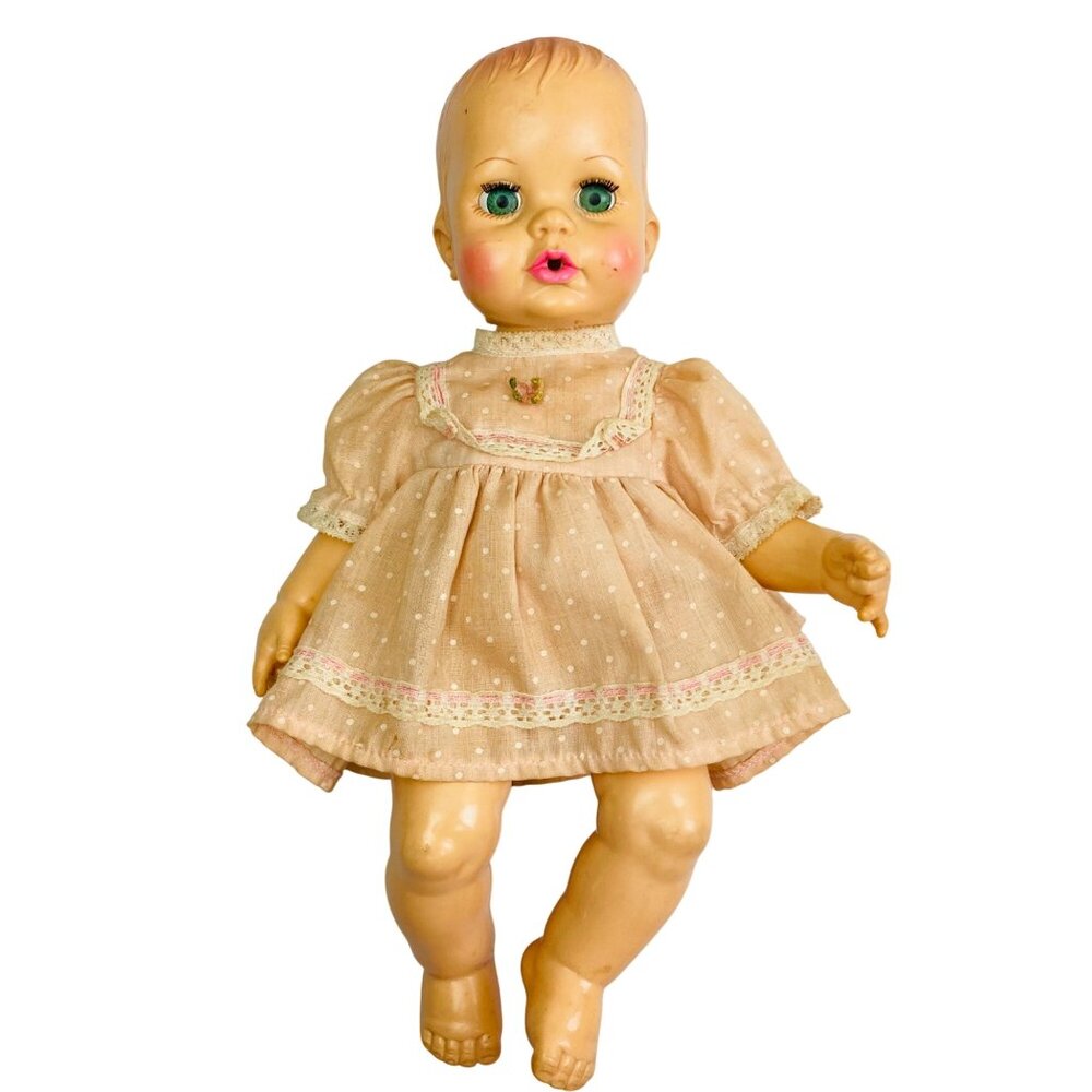 Vintage 1971 Ideal Drink & Wet Baby Doll 12" Blue Eyes Hard Plastic Retro 70s